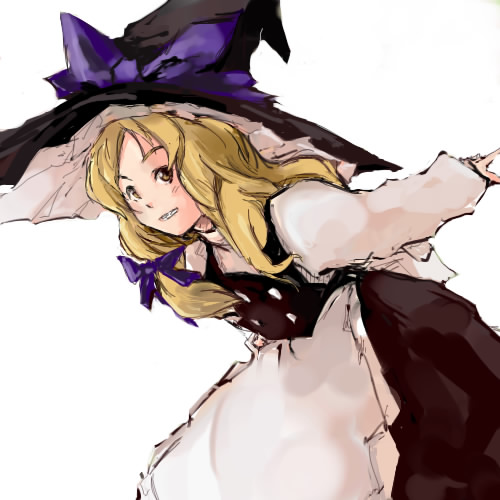 july13th, kirisame marisa, touhou, lowres, 1girl, apron, black hat, black skirt, black vest, blonde hair, blush, bow, brown eyes, buttons, female focus, frilled apron, frills, grin, hair bow, hat, hat bow, hat ribbon, leaning forward, long hair, long sleeves, looking at viewer, outstretched arms, purple bow, purple ribbon, ribbon, shirt, simple background, skirt, smile, solo, vest, waist apron, white apron, white background, white shirt, witch hat
