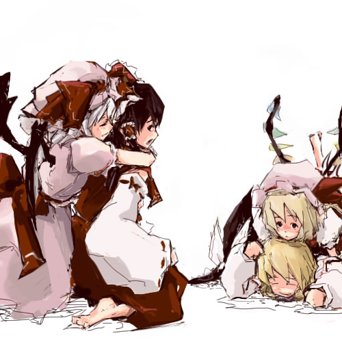 july13th, flandre scarlet, hakurei reimu, kirisame marisa, remilia scarlet, touhou, lowres, 4girls, barefoot, blonde hair, closed eyes, crystal, demon wings, detached sleeves, female focus, frills, full body, hat, long sleeves, mob cap, multiple girls, ribbon-trimmed sleeves, ribbon trim, seiza, siblings, simple background, sisters, sitting, soles, toes, white background, wings, witch hat, you gonna get raped