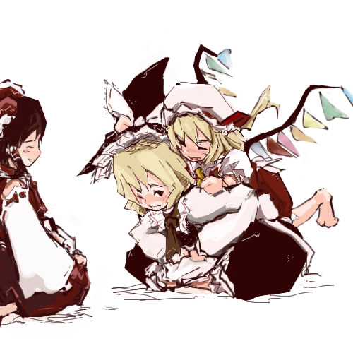 july13th, flandre scarlet, hakurei reimu, kirisame marisa, touhou, lowres, 3girls, barefoot, blonde hair, blush, braid, crystal, detached sleeves, female focus, frills, full-face blush, full body, hat, long sleeves, mob cap, multiple girls, ribbon-trimmed sleeves, ribbon trim, seiza, simple background, single braid, sitting, surprised, white background, wide sleeves, wings, witch hat, you gonna get raped