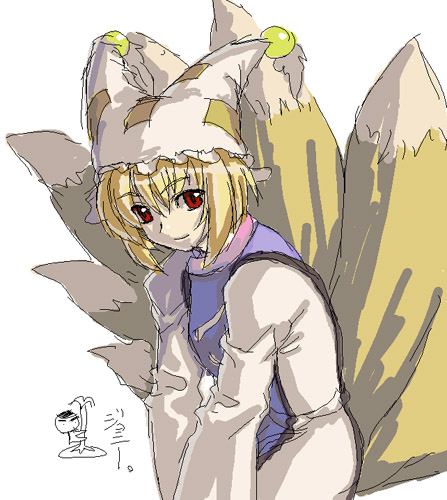 yakumo ran, touhou, lowres, 1girl, animal hat, blonde hair, female focus, fox tail, hat, long sleeves, mob cap, multiple tails, red eyes, short hair, sketch, solo, tabard, tail, white background