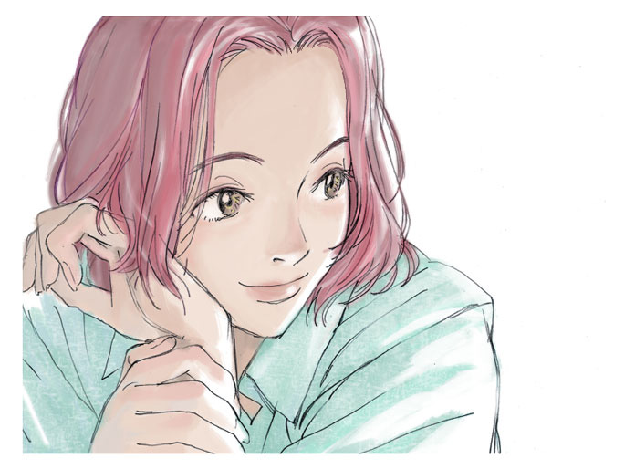 hiramatsu sadashi, hiramatsu tadashi, original, 1girl, brown eyes, female focus, lips, long sleeves, parted bangs, pink hair, red hair, short hair, simple background, solo, upper body, white background