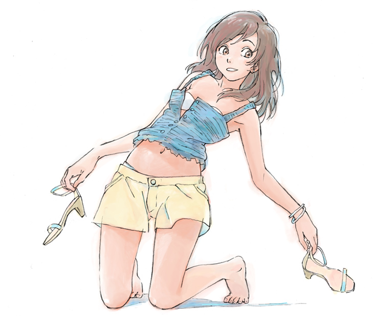 hiramatsu sadashi, hiramatsu tadashi, original, 1girl, barefoot, brown eyes, brown hair, feet, female focus, full body, high heels, holding, holding shoes, holding unworn clothes, kneeling, shoes, short shorts, shorts, simple background, solo, unbuttoned, unworn shoes, white background