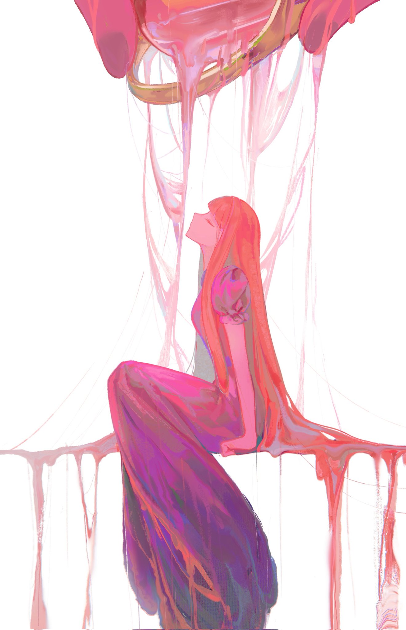 youliqy, princess bonnibel bubblegum, adventure time, highres, 1girl, chewing gum, closed eyes, colored skin, crown, dress, head back, invisible chair, long dress, long hair, pink dress, pink hair, pink skin, short sleeves, sitting, solo, very long hair