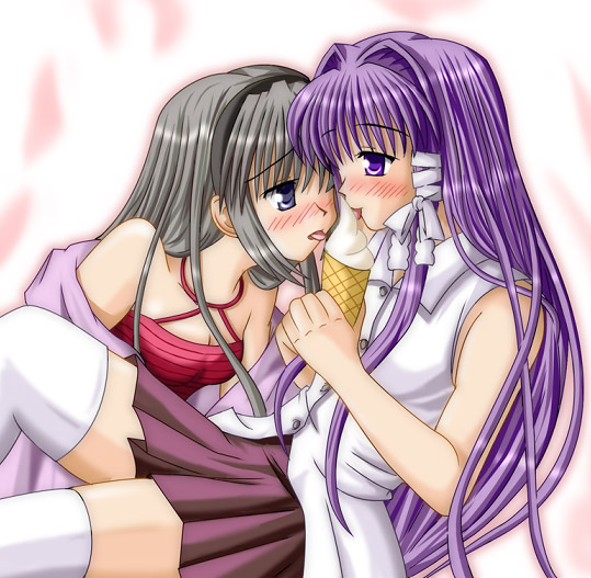 hiiragi tomoka, fujibayashi kyou, sakagami tomoyo, clannad, 00s, 2girls, multiple girls, sexually suggestive, thighhighs, yuri