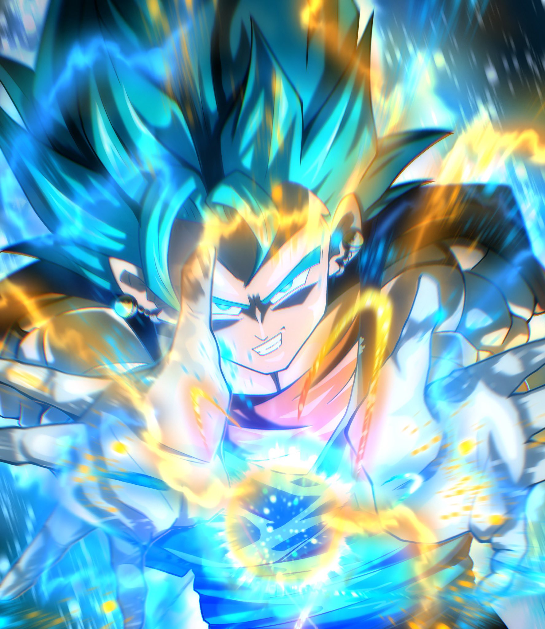 coyote koyoharu, vegetto, dragon ball, dragon ball super, highres, 1boy, aura, blue eyes, blue hair, blue shirt, dougi, earrings, final kamehameha, gloves, jewelry, male focus, orange shirt, potara earrings, shirt, smirk, solo, white gloves