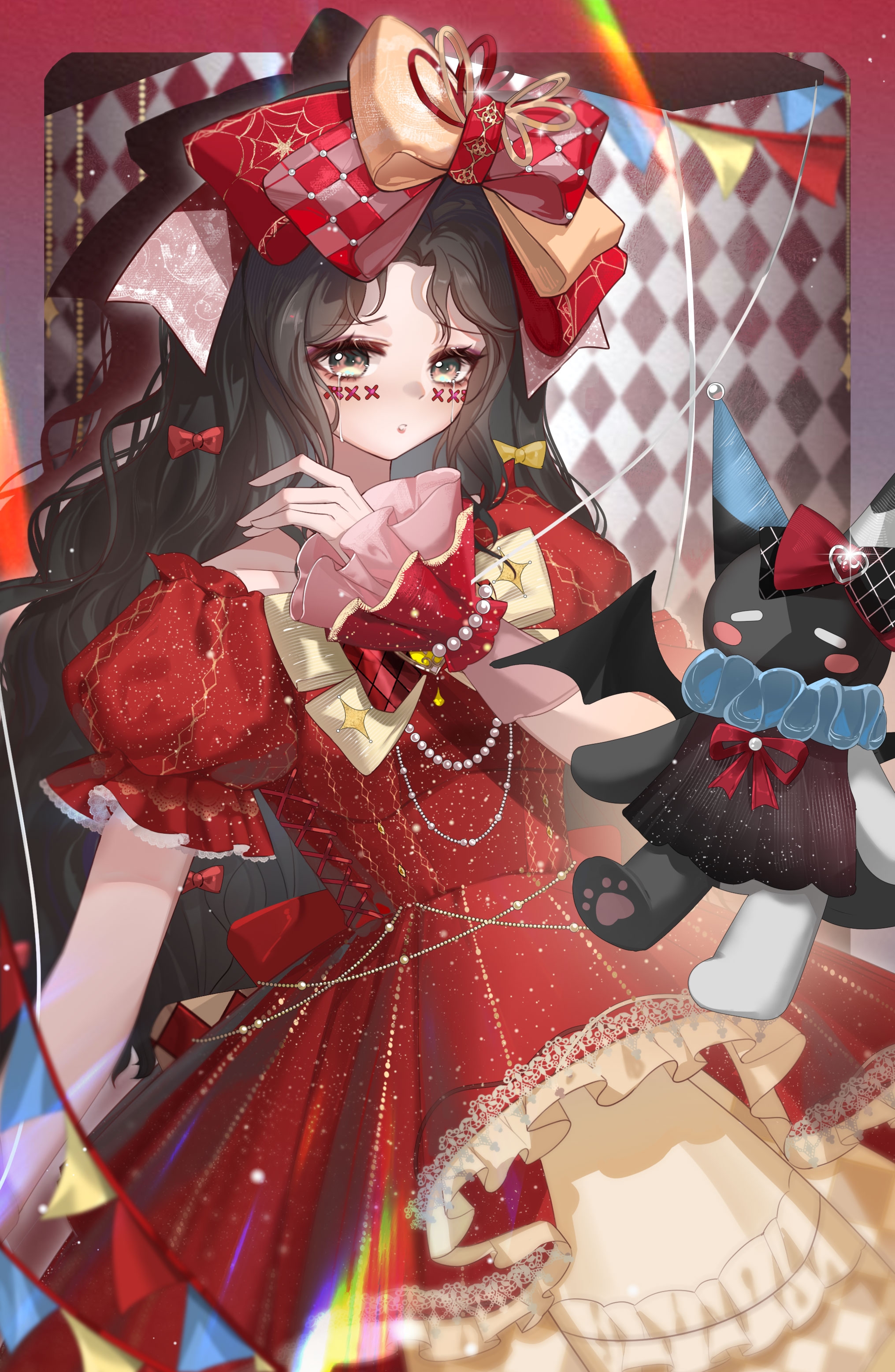 crimson rhapsody (infinity nikki), esseling (infinity nikki), felispirit sack (infinity nikki), infinity nikki, nikki (series), absurdres, highres, 1girl, :o, argyle bow, argyle bowtie, argyle clothes, bead bracelet, bead necklace, beads, black hair, border, bow, bowtie, bracelet, brown eyes, checkered background, checkered bow, checkered clothes, cowboy shot, dress, eyelashes, facepaint, frilled dress, frilled sleeves, frilled wrist cuffs, frills, garland (decoration), gown, hair bow, hair ribbon, hand on own shoulder, hime lolita, jewelry, lace, lace-trimmed dress, lace trim, layered dress, light blush, light particles, lolita fashion, long hair, looking ahead, multiple hair bows, necklace, off-shoulder dress, off shoulder, outside border, parted lips, puffy short sleeves, puffy sleeves, red background, red border, red bow, red bowtie, red dress, red ribbon, red wrist cuffs, ribbon, shadow, short sleeves, sidelocks, solo, two-tone bow, two-tone ribbon, very long hair, wavy hair, wrist cuffs, xinjinjumin388925569805, yellow bow, yellow bowtie, yellow dress, yellow ribbon