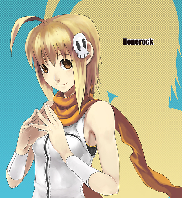 bezi, fingers together, 1girl, ahoge, armpits, bare shoulders, blonde hair, blue background, brown eyes, female focus, hair ornament, looking at viewer, sidelocks, silhouette, simple background, skull hair ornament, smile, solo, sweatband, vest, zoom layer