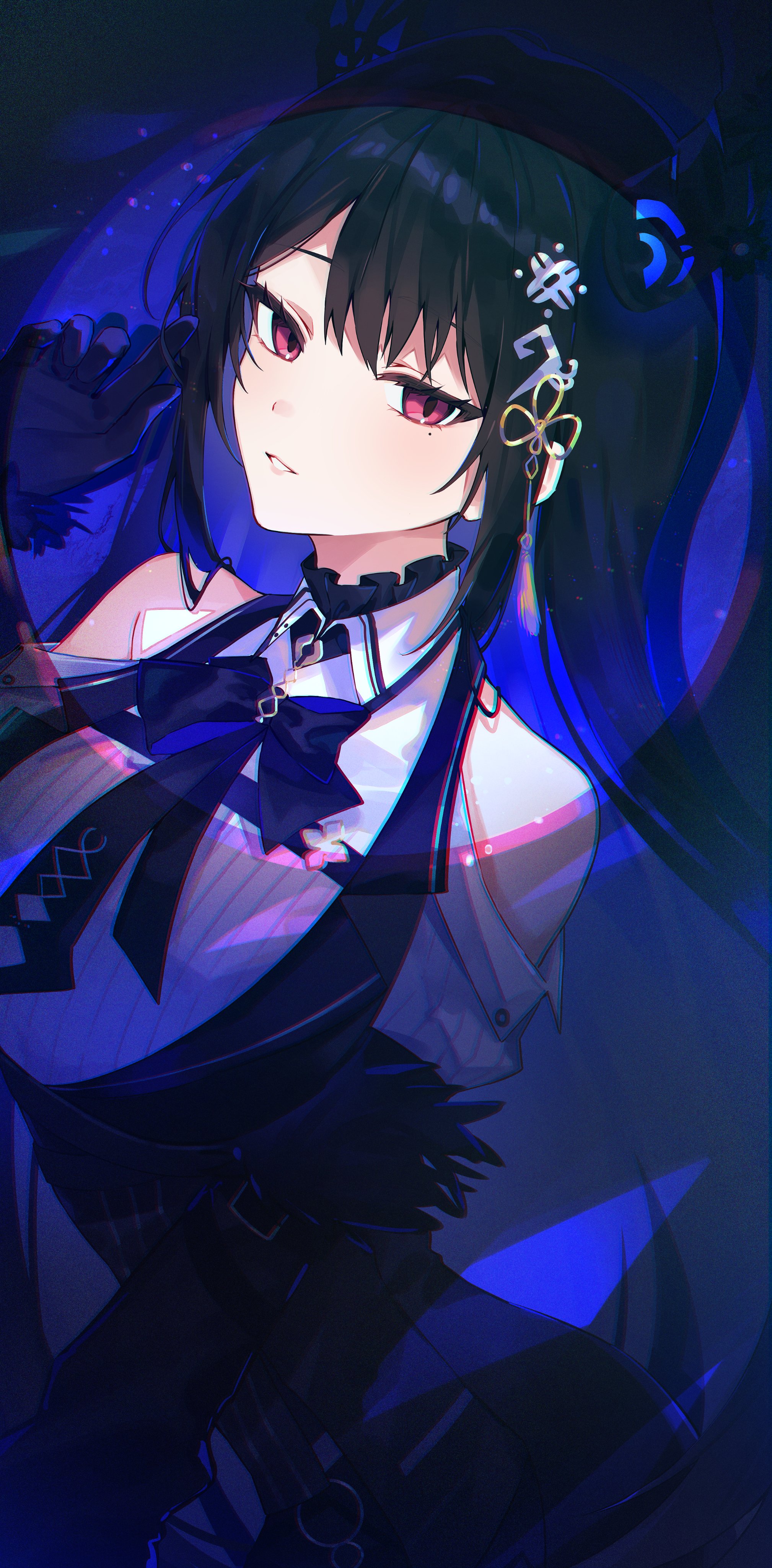raru pipipi, nerissa ravencroft, nerissa ravencroft (1st costume), hololive, hololive english, absurdres, highres, 1girl, bare shoulders, black hair, black horns, blue hair, horns, mole, mole under eye, multicolored hair, parted lips, purple eyes, shirt, smile, solo, two-tone hair, virtual youtuber, white shirt