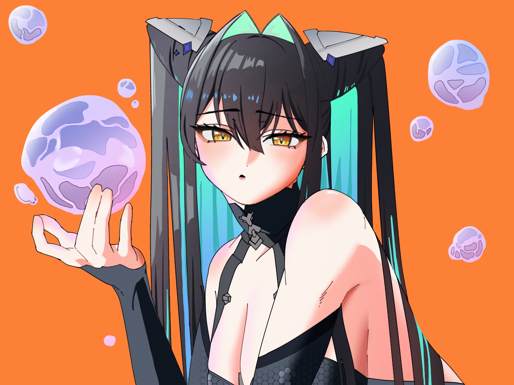 little mermaid (nikke), goddess of victory: nikke, highres, 1girl, aqua hair, barabara 49, black bodysuit, bodysuit, breasts, bubble, cleavage, colored inner hair, hair intakes, hexagon print, long hair, multicolored hair, orange background, simple background, solo, upper body, yellow eyes