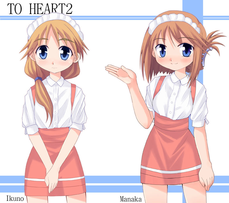 narisawa naruo, komaki ikuno, komaki manaka, anna miller, to heart (series), to heart 2, 00s, 2girls, blue eyes, brown hair, buttons, copyright name, folded ponytail, looking at viewer, low ponytail, multiple girls, ponytail, red skirt, shirt, short hair, short sleeves, skirt, standing, v arms, waitress, white shirt