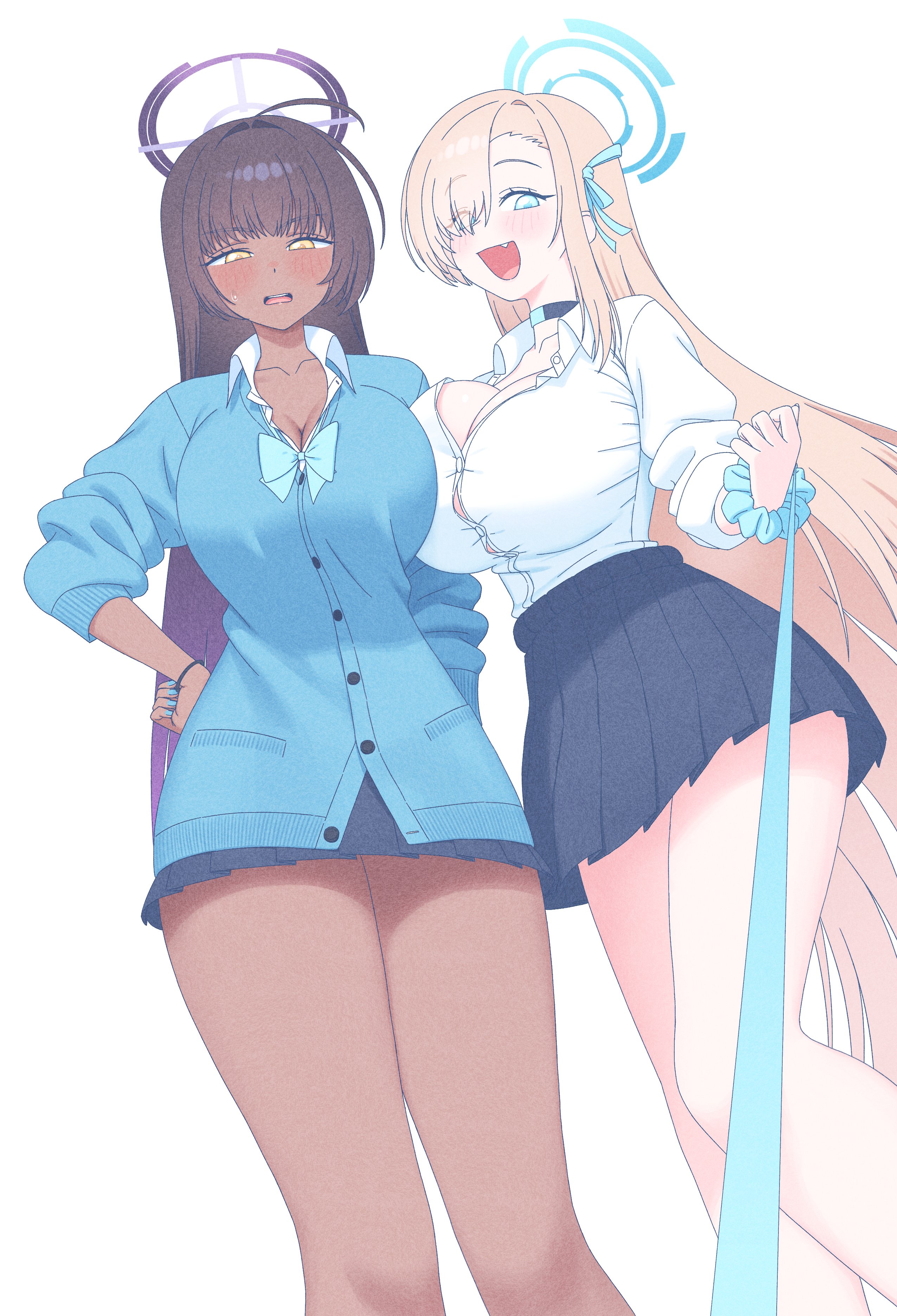 parangmuru, asuna (blue archive), asuna (school uniform) (blue archive), karin (blue archive), karin (school uniform) (blue archive), blue archive, absurdres, highres, asymmetrical bangs, black hair, blonde hair, blue bow, blue bowtie, blue cardigan, blue eyes, blue halo, blue ribbon, blue scrunchie, blush, bow, bowtie, breasts, button gap, cardigan, choker, cleavage, collared shirt, dark-skinned female, dark skin, hair over one eye, hair ribbon, halo, holding, holding leash, large breasts, leash, long hair, looking at viewer, loose bowtie, pleated skirt, pov, purple halo, ribbon, school uniform, scrunchie, shirt, skirt, viewer on leash, white shirt, wrist scrunchie, yellow eyes