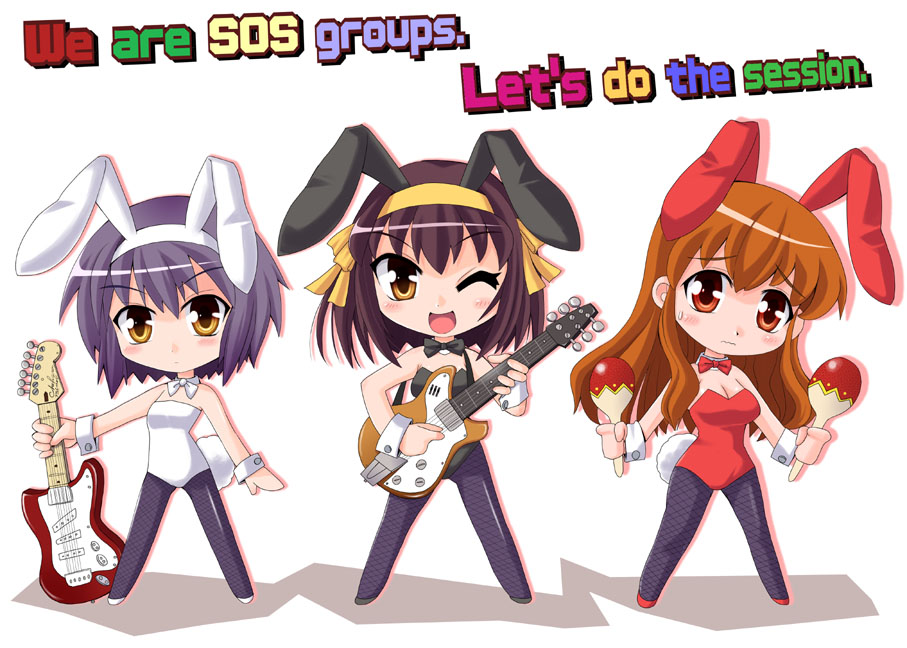 narisawa naruo, asahina mikuru, nagato yuki, suzumiya haruhi, suzumiya haruhi no yuuutsu, 00s, animal ears, brown hair, chibi, fake animal ears, guitar, instrument, pantyhose, playboy bunny, rabbit ears, short hair