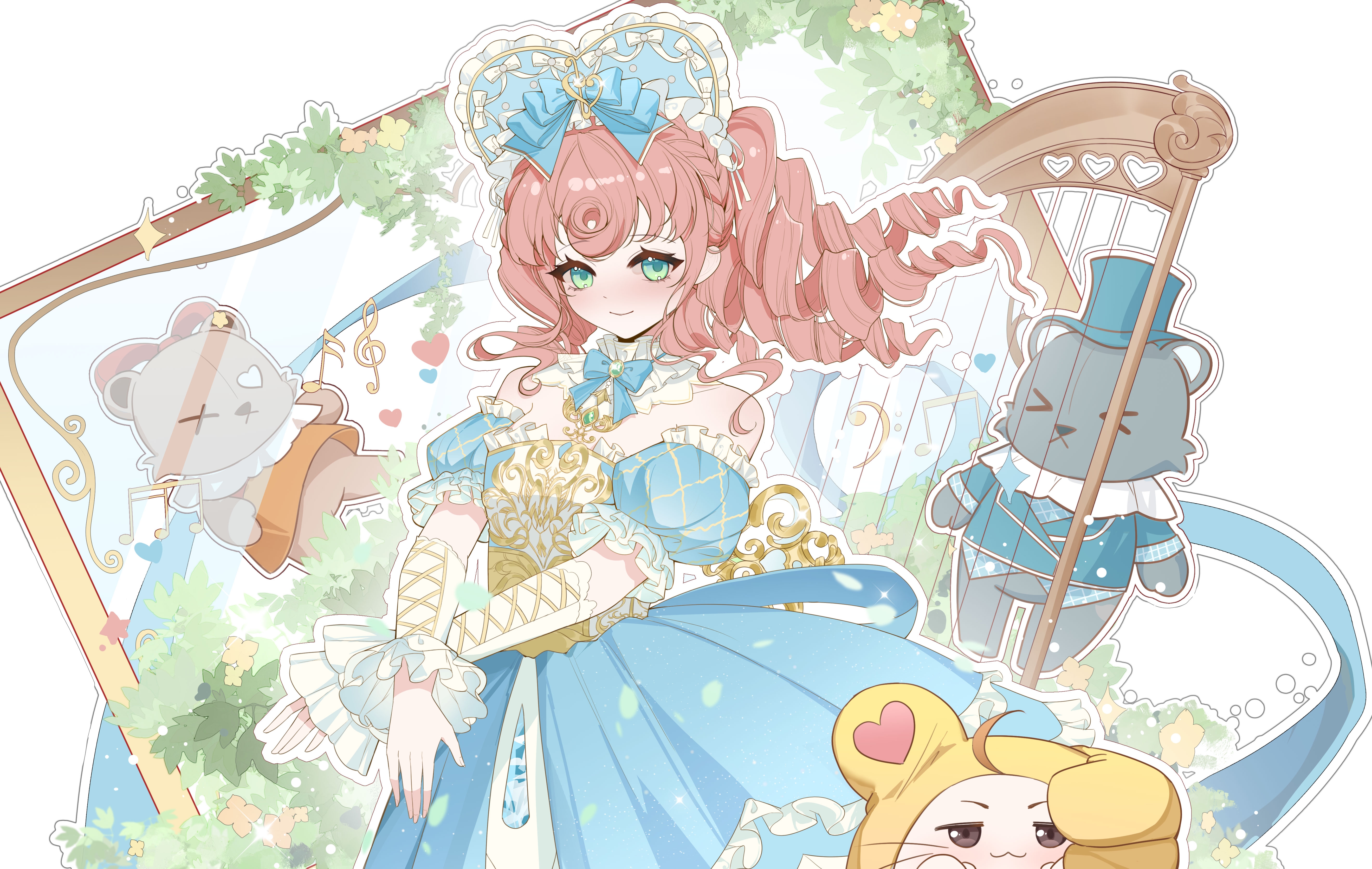 momo (nikki), nikki (nikki), timeless melody (infinity nikki), infinity nikki, nikki (series), absurdres, highres, 1girl, :3, ahoge, aqua eyes, argyle clothes, argyle sleeves, bare shoulders, blue bonnet, blue bow, blue bowtie, blue dress, blue sleeves, bonnet, bow, bowtie, braid, brown eyes, brown hair, bush, choker, classic lolita, closed mouth, cowboy shot, cross-laced armwear, crossed arms, crown braid, curly hair, detached sleeves, dot nose, dress, drill hair, eyelashes, floating clothes, floating hair, fortissimo, frilled arm warmers, frilled choker, frilled dress, frilled headwear, frilled sleeves, frills, hair bow, hair ornament, harp, heart-shaped bonnet, instrument, light blush, light particles, lolita fashion, long dress, long hair, looking at viewer, mirror, multiple hat bows, musical note, musical note hair ornament, official alternate costume, outline, puffy short sleeves, puffy sleeves, short sleeves, smile, standing, strapless, strapless dress, stuffed animal, stuffed toy, teddy bear, thumbs up, whiskers, white arm warmers, white background, white bow, white choker, white outline, xinjinjumin388925569805, yellow cloak