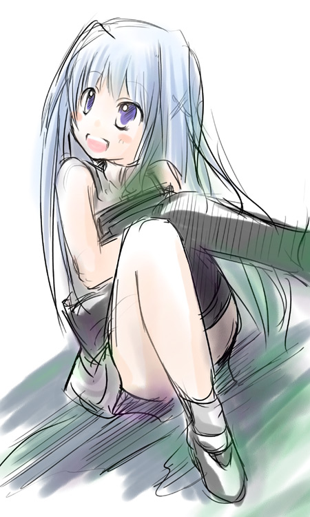ruku (alicecreation), reinforce zwei, lyrical nanoha, mahou shoujo lyrical nanoha, mahou shoujo lyrical nanoha strikers, 00s, 1girl, ahoge, asymmetrical clothes, asymmetrical legwear, female focus, hair ornament, magical girl, single thighhigh, sketch, solo, thighhighs, uneven legwear, waist cape, x hair ornament