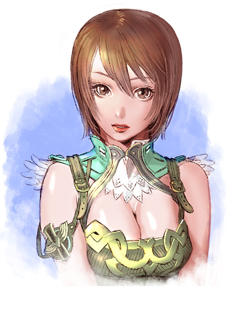sugiura yoshio, 1girl, breasts, brown eyes, brown hair, cleavage, female focus, lipstick, makeup, short hair, solo
