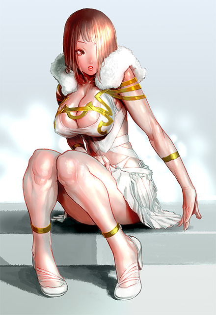 sugiura yoshio, fur, 1girl, bracelet, breasts, brown hair, censored, cleavage, convenient censoring, convenient leg, covered erect nipples, female focus, full body, hair over one eye, high heels, jewelry, large breasts, lipstick, makeup, no bra, red eyes, shoes, short hair, sitting, skirt, solo