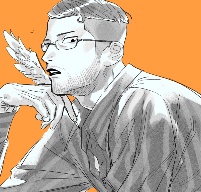 chanko neru, iceburg, one piece, commentary request, 1boy, beard, collared shirt, facial hair, glasses, head rest, holding, holding quill, looking at viewer, male focus, notice lines, orange background, parted lips, quill, shirt, solo, undercut, upper body
