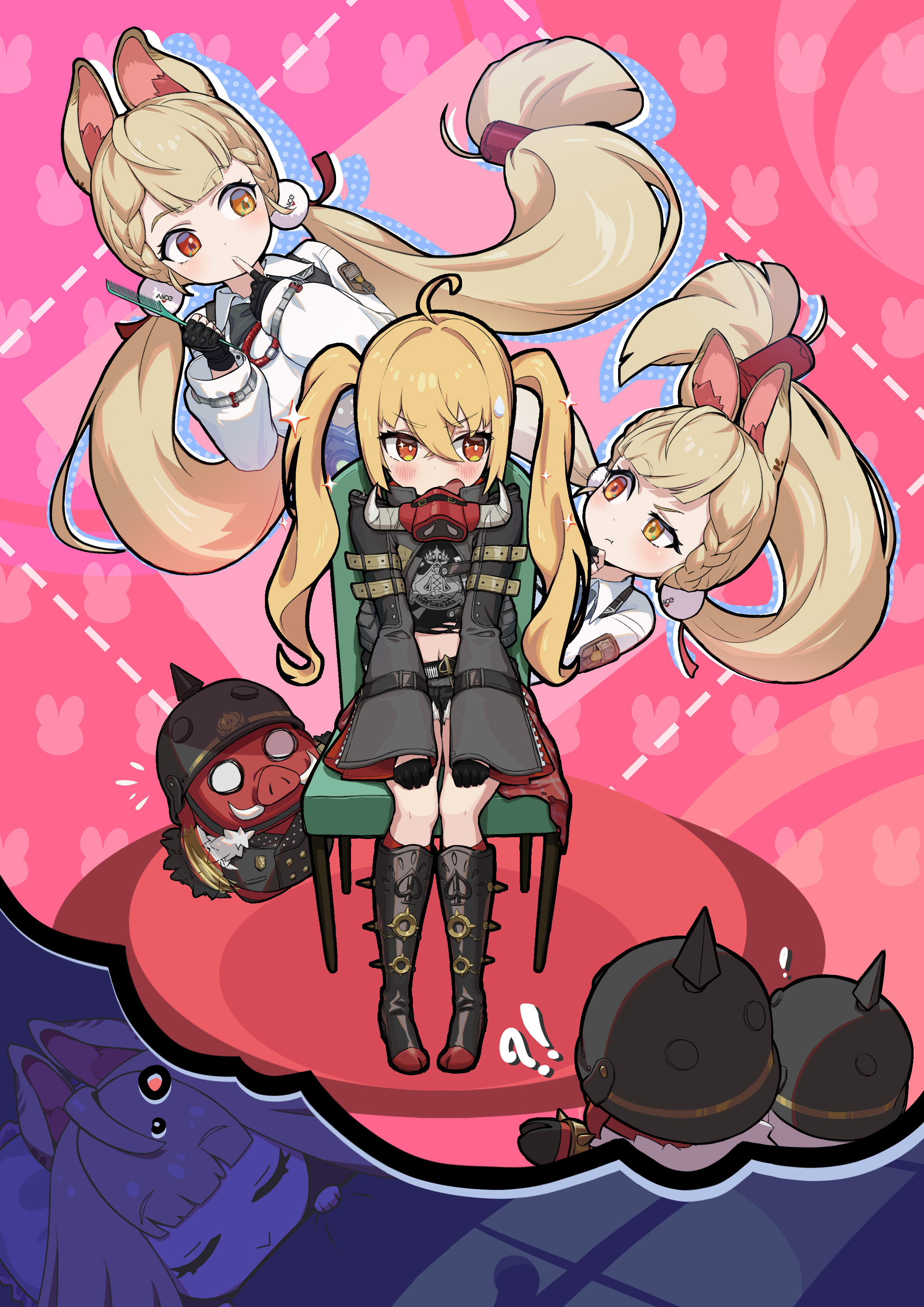 wanwu jie quan, alice thymefield, luciana de montefio, zenless zone zero, absurdres, highres, 2girls, ahoge, alternate hairstyle, animal ears, baseball bat, belt, black boots, black helmet, black jacket, blonde hair, blush, boar, boots, chair, chest bow, colored skin, comb, combat helmet, dreaming, fingerless gloves, gloves, hair ornament, half gloves, helmet, heterochromia, jacket, long hair, looking at another, lucy's crew (zenless zone zero), mask, mask around neck, metal baseball bat, micro shorts, multiple girls, open mouth, orange eyes, rabbit ears, rabbit girl, red eyes, red skin, shirt, shorts, sleeping, sparkle, sphere hair ornament, spiked boots, spiked jacket, twintails, unworn belt, white shirt, yellow eyes