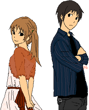 kyon, tachibana kyouko (suzumiya haruhi), suzumiya haruhi no yuuutsu, lowres, 00s, 1boy, 1girl, arms behind back, black background, black hair, brown hair, cowboy shot, from behind, long hair, long sleeves, looking at viewer, looking back, shirt, simple background, standing, t-shirt, transparent background