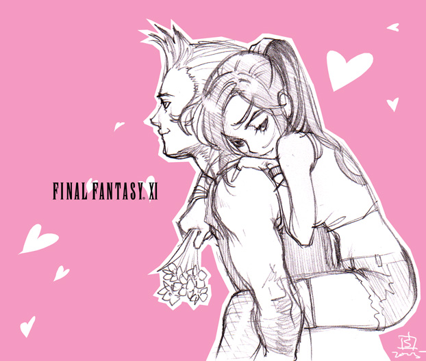 kapolo systems, elvaan, final fantasy, final fantasy xi, 00s, 1boy, 1girl, elf, hume, monochrome, pink background, pink theme, pointy ears, sketch