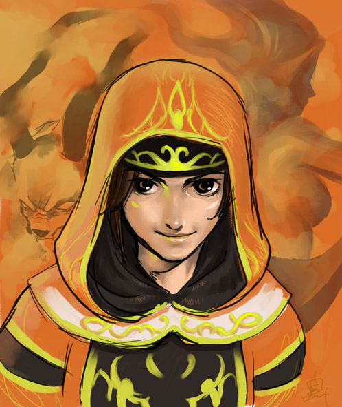 kapolo systems, ifrit (final fantasy), shiva (final fantasy), final fantasy, final fantasy xi, 00s, 2girls, black eyes, black hair, cloak, closed mouth, hood, hooded cloak, hume, looking at viewer, multiple girls, short hair, smirk, upper body