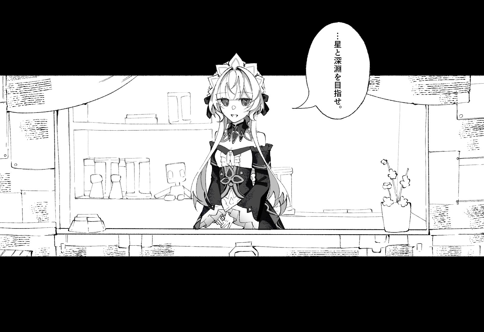 sandrone (genshin impact), genshin impact, highres, translation request, 1girl, bare shoulders, detached sleeves, dress, greyscale, headdress, looking at viewer, monochrome, open mouth, shiroino (nmgn4745), sidelocks, solo, speech bubble