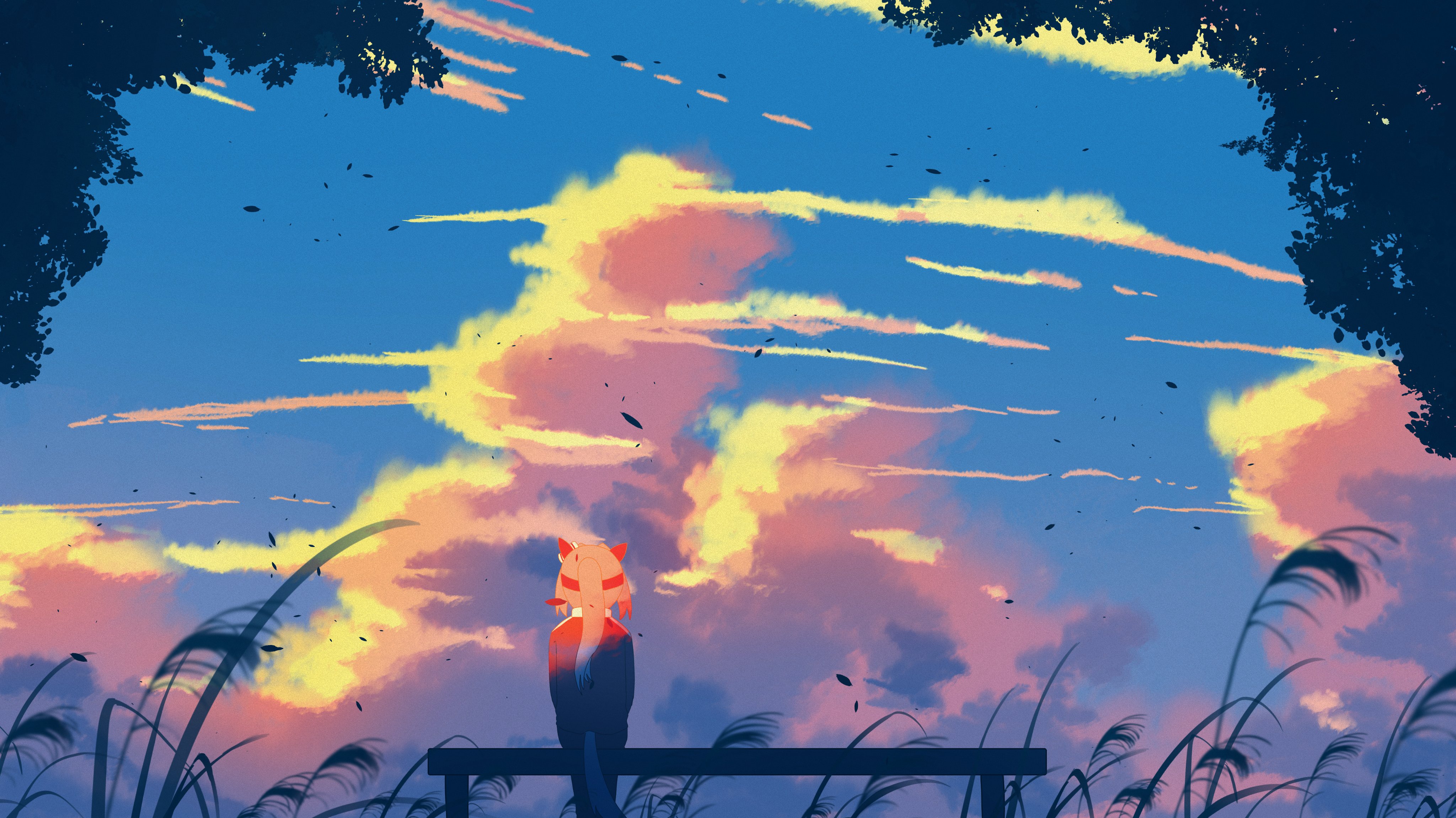 yin midnight, haru urara (umamusume), umamusume, absurdres, highres, 1girl, bench, cloud, ear covers, evening, from behind, hairband, horse girl, on bench, park bench, pink hair, ponytail, reeds, sidelocks, silhouette, sitting, sky, solo, track suit, tree