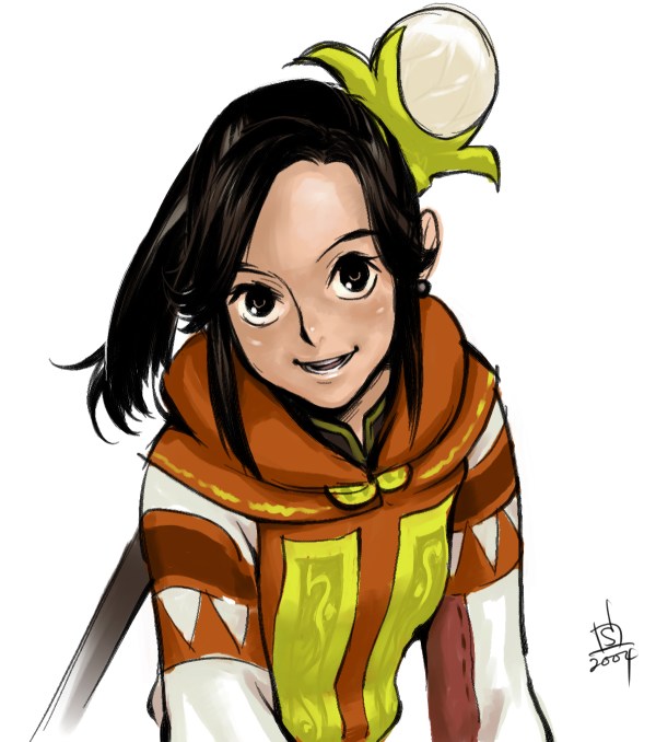 kapolo systems, white mage (final fantasy), final fantasy, final fantasy xi, uniform, 00s, 1girl, :d, black eyes, black hair, blush, breasts, earrings, female focus, hood, hood down, hume, jewelry, leaning forward, long sleeves, looking at viewer, open mouth, ponytail, round teeth, signature, simple background, small breasts, smile, solo, staff, tareme, teeth, upper body, weapon, weapon on back, white background, whm