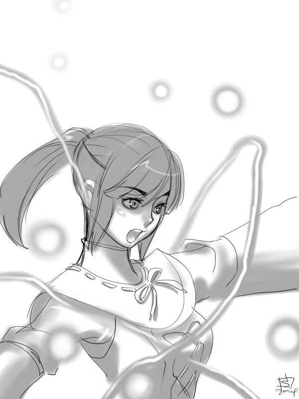 kapolo systems, summoner (final fantasy), final fantasy, final fantasy xi, 00s, 1girl, female focus, greyscale, hume, monochrome, sketch, smn, solo, summoner