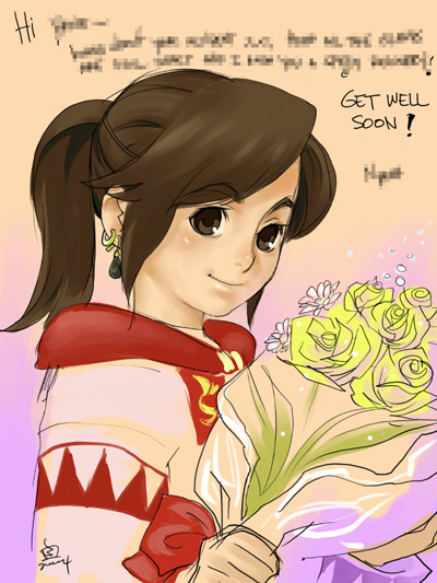 kapolo systems, white mage (final fantasy), final fantasy, final fantasy xi, 00s, 1girl, censored, english text, fake censor, female focus, flower, hume, smile, solo, whm