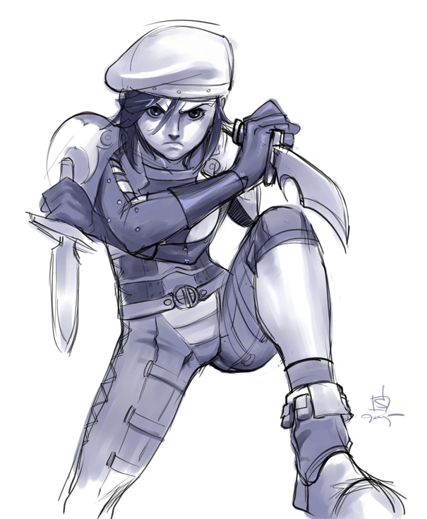 kapolo systems, final fantasy, final fantasy xi, 00s, 1girl, beret, dagger, dual wielding, female focus, hat, holding, hume, knife, monochrome, purple theme, scowl, solo, weapon