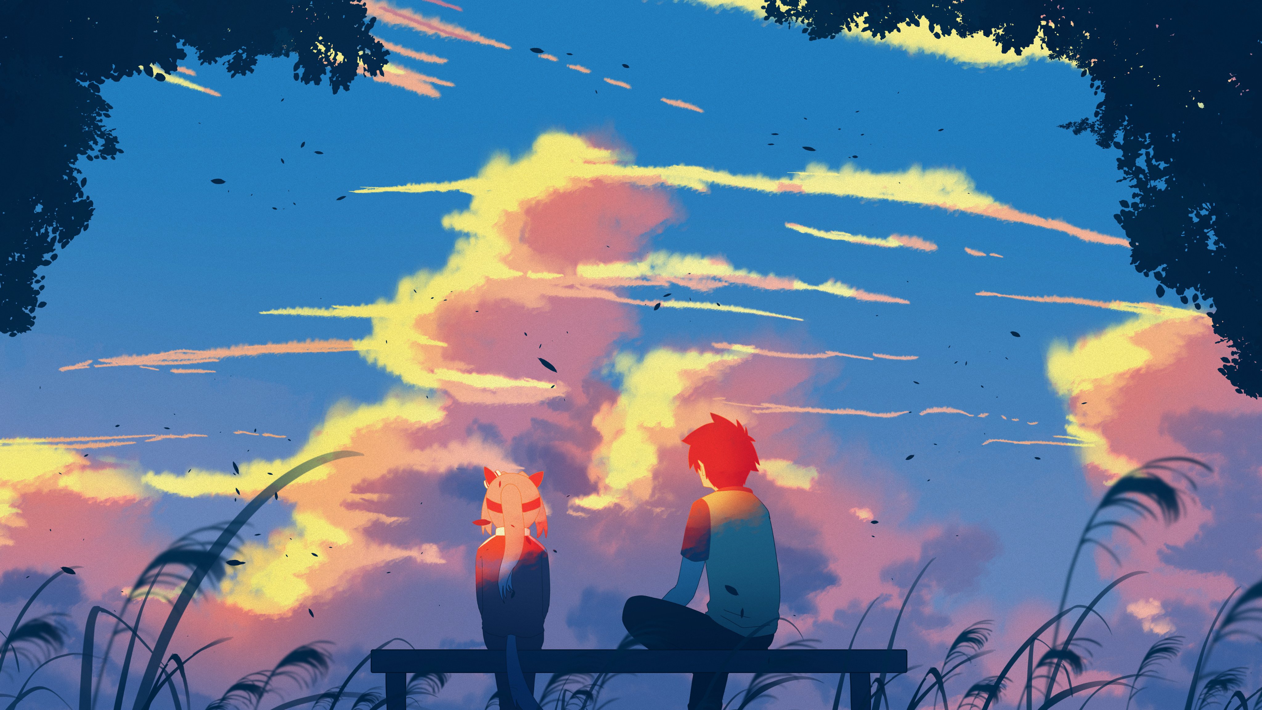 yin midnight, haru urara (umamusume), trainer (umamusume), umamusume, absurdres, highres, 1boy, 1girl, bench, cloud, ear covers, evening, from behind, hairband, horse girl, on bench, park bench, pink hair, ponytail, reeds, sidelocks, silhouette, sitting, sky, solo, track suit, tree