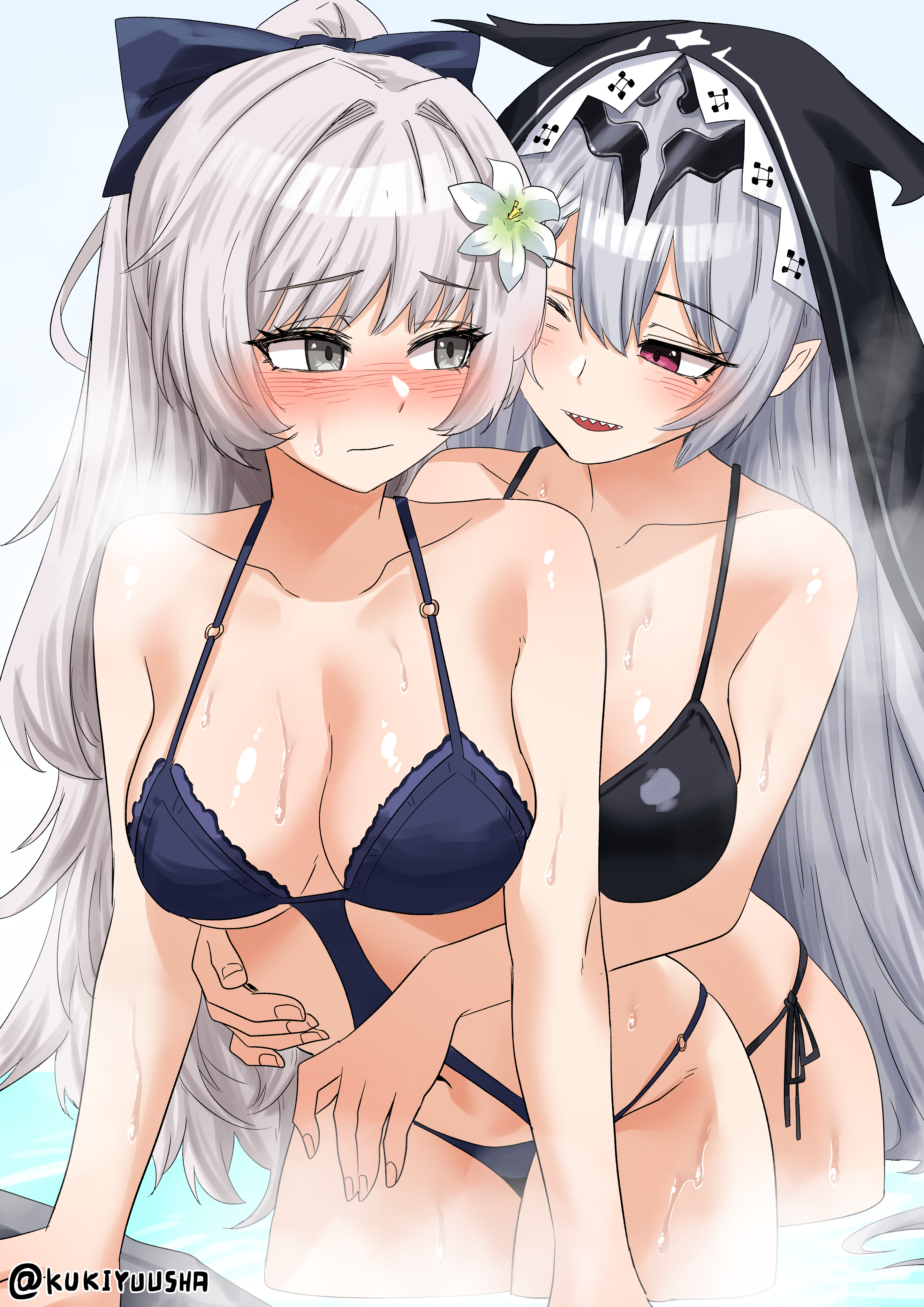 kukiyuusha, duguay-trouin (azur lane), vittorio veneto (azur lane), vittorio veneto (the flower of la spezia) (azur lane), azur lane, absurdres, commission, highres, pixiv commission, 2girls, bikini, black bikini, black veil, blue bikini, blush, bow, breasts, cleavage, embarrassed, frilled bikini, frills, front-to-back, grabbing from behind, grey eyes, grey hair, hair bow, large breasts, linked bikini, long hair, multiple girls, o-ring, o-ring swimsuit, official alternate costume, red eyes, sharp teeth, side-tie bikini bottom, smile, swimsuit, teeth, veil, very long hair, white hair, yuri