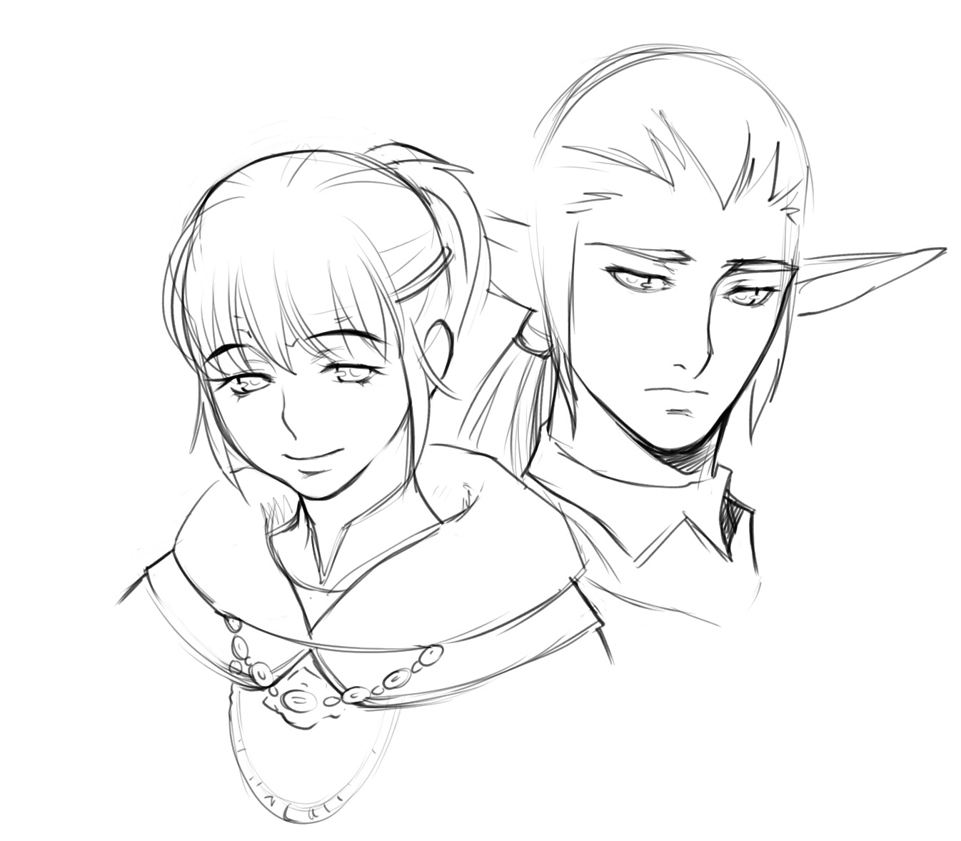 kapolo systems, elvaan, final fantasy, final fantasy xi, 00s, 1boy, 1girl, elf, greyscale, hume, monochrome, pointy ears, sketch