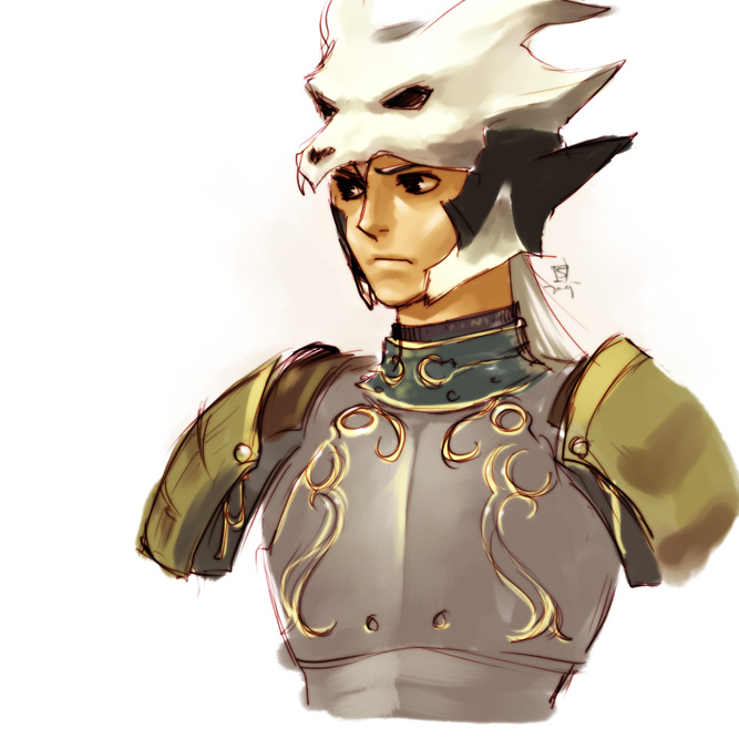 kapolo systems, elvaan, samurai (final fantasy), final fantasy, final fantasy xi, 00s, 1boy, armor, breastplate, elf, frown, long hair, male focus, pauldrons, pointy ears, samurai, shoulder armor, solo, upper body, white background, white hair