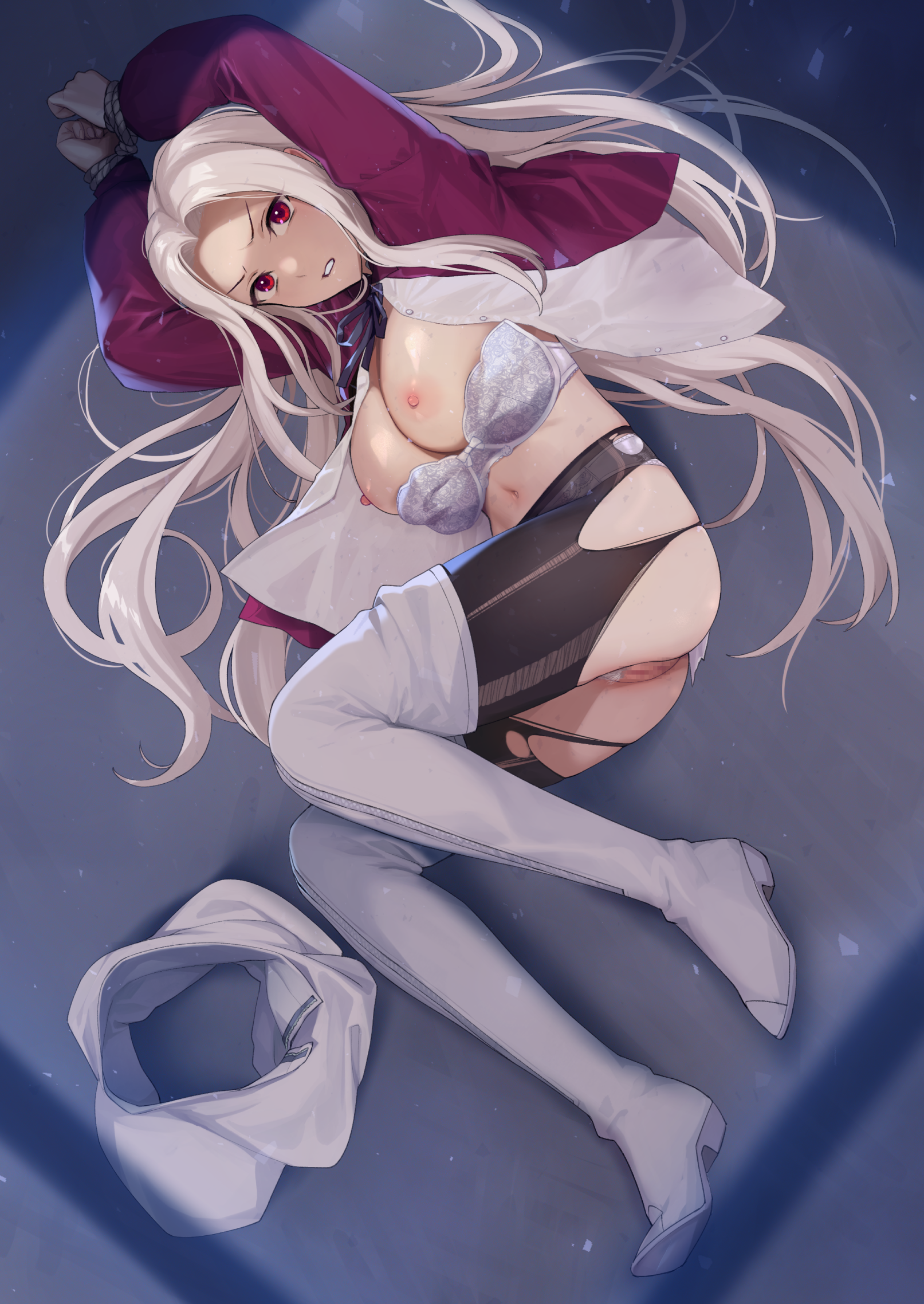 yuzuri8, irisviel von einzbern, fate/kaleid liner prisma illya, fate/stay night, fate (series), red eyes, torn clothes, white hair