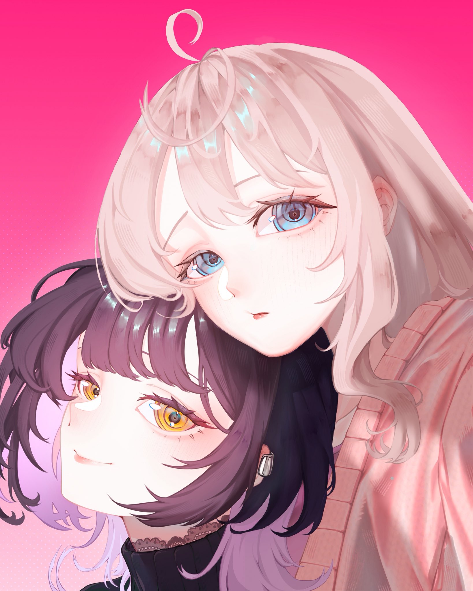 highres, 2girls, blush, couple, duskdayoo, jewelry, koharu and minato, koharu suzumura, long hair, long sleeves, minato matsuki, multicolored hair, multiple girls, open mouth, shirt, smile, sweater, two-tone hair, wife and wife, wolf cut, yuri