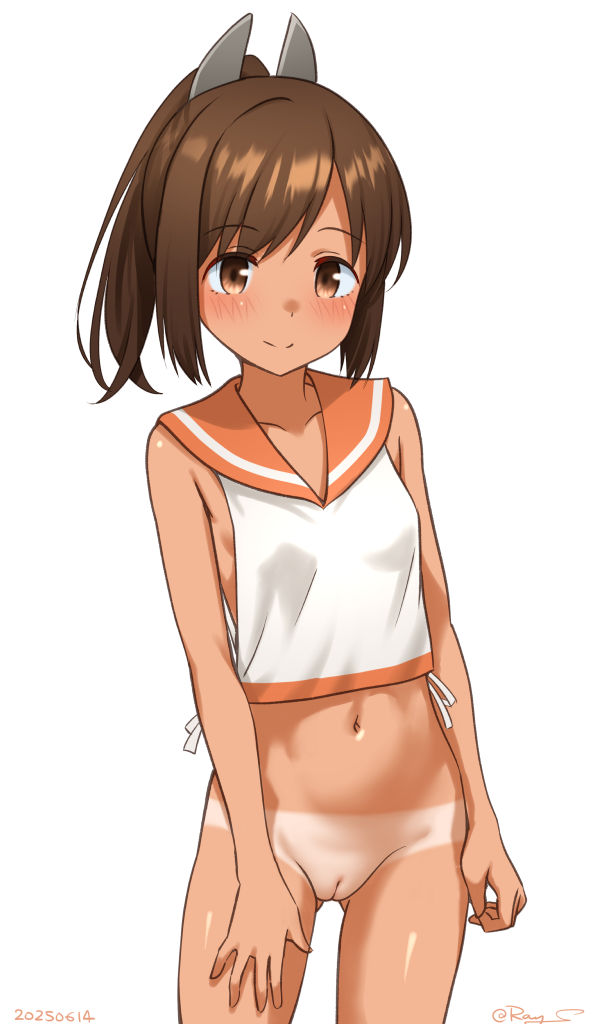 ray.s, i-401 (kancolle), kantai collection, commentary request, 1girl, bare shoulders, bottomless, brown eyes, brown hair, cleft of venus, closed mouth, collarbone, cowboy shot, dark-skinned female, dark skin, dated, gluteal fold, medium hair, navel, one-hour drawing challenge, orange sailor collar, parted bangs, ponytail, pussy, sailor collar, school swimsuit, short ponytail, side-tie shirt, simple background, smile, solo, swimsuit, tan, tanline, twitter username, white background