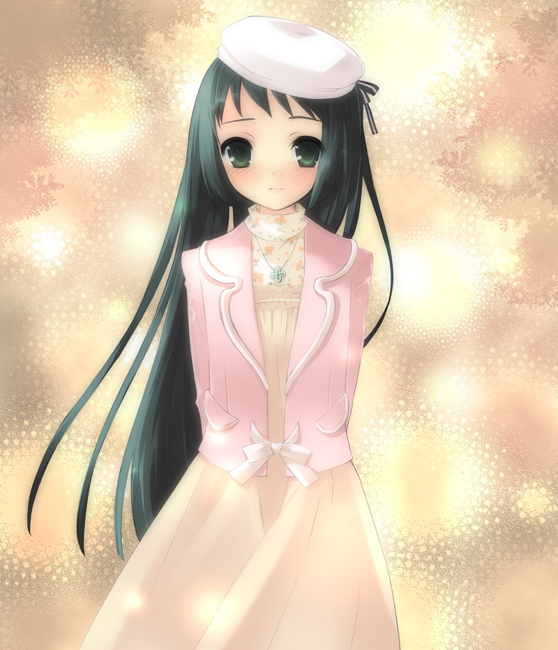 ito noizi, yaeno nadeshiko, nanatsuiro drops, game cg, 00s, 1girl, aqua hair, arms behind back, beret, blush, bow, dress, female focus, green eyes, hat, hay, jewelry, long hair, necklace, solo, turtleneck, very long hair