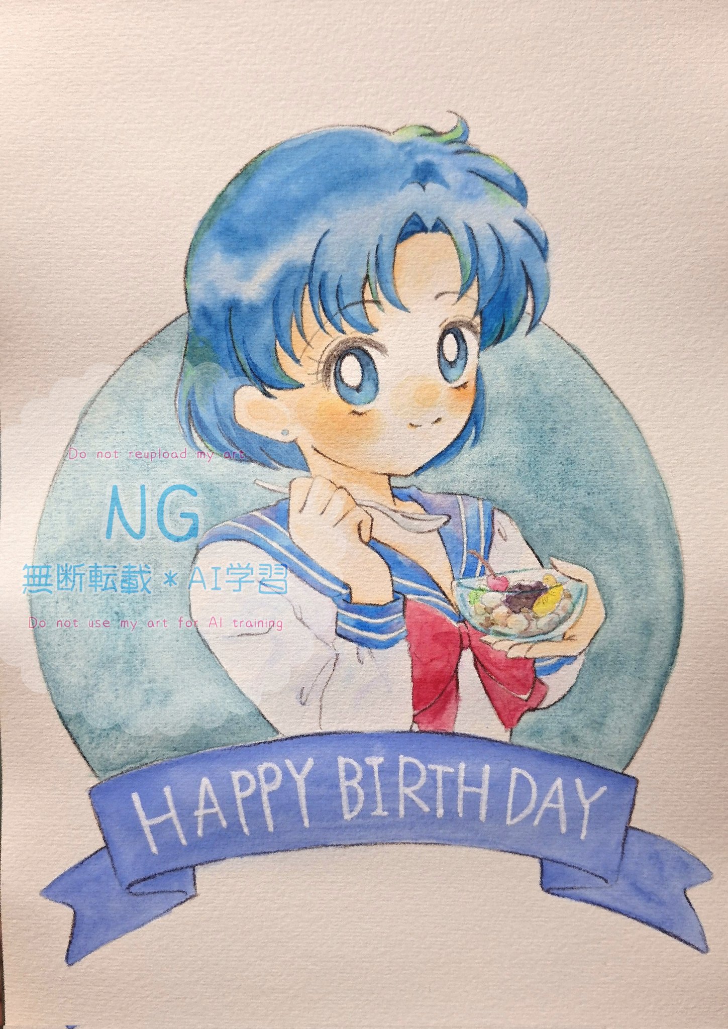 mizuno ami, bishoujo senshi sailor moon, highres, traditional media, blue eyes, blue hair, blue sailor collar, bow, bowl, cherry, earrings, firome ru, food, fruit, holding, holding bowl, holding spoon, jewelry, juuban middle school uniform, red bow, sailor collar, school uniform, serafuku, shirt, short hair, spoon, stud earrings, white shirt