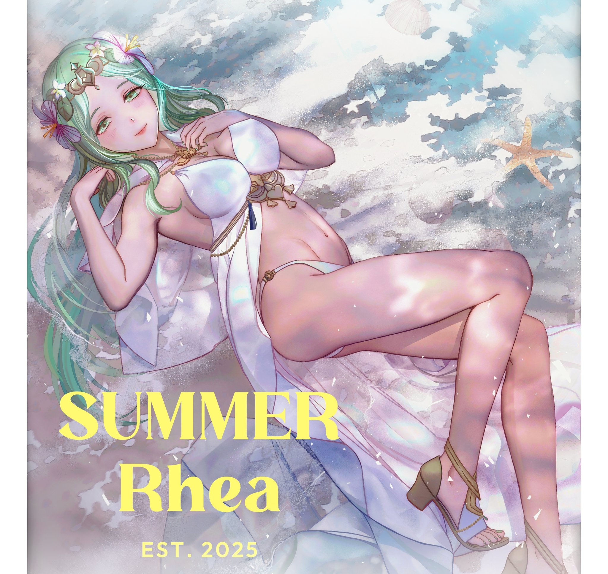 irisl, rhea (fire emblem), rhea (summer) (fire emblem), fire emblem, fire emblem: three houses, fire emblem heroes, nintendo, highres, 1girl, bare legs, beach, bikini, blush, breasts, circlet, cleavage, closed mouth, covered erect nipples, english text, flower, green eyes, green hair, hair flower, hair ornament, high heels, large breasts, long hair, looking at viewer, lying, multiple girls, navel, official alternate costume, on back, outdoors, sideboob, smile, starfish, swimsuit, water, white bikini