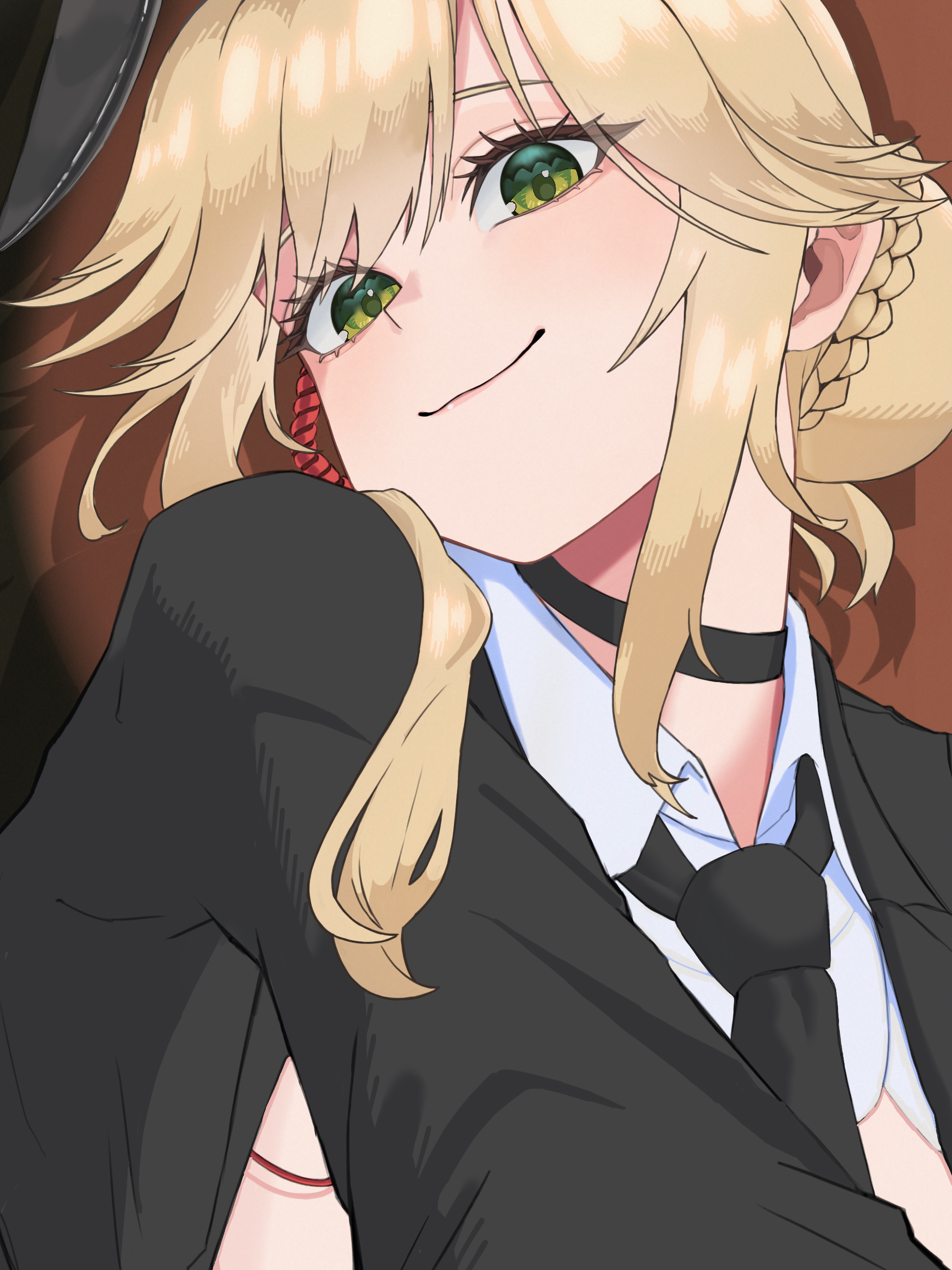 ade (agent bunny) (nikke), ade (nikke), goddess of victory: nikke, absurdres, highres, 1girl, animal ear hairband, animal ears, barabara 49, black choker, black necktie, blonde hair, braid, bun with braided base, choker, fake animal ears, green eyes, hairband, necktie, official alternate costume, rabbit ear hairband, rabbit ears, smile, solo, upper body