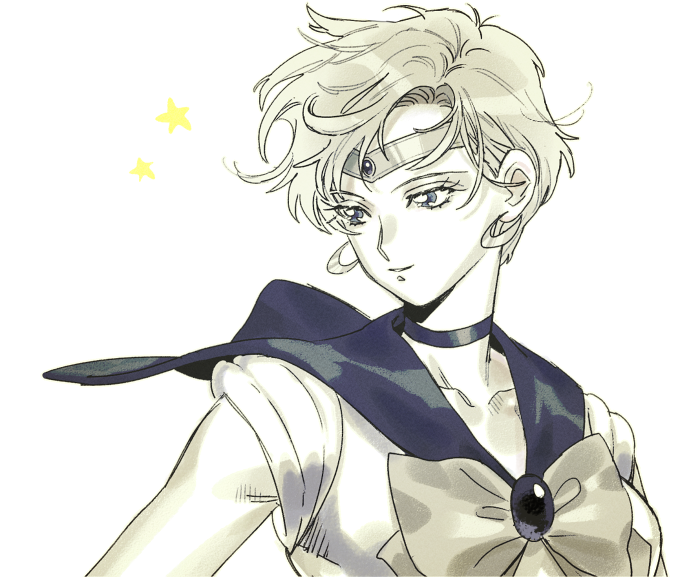 chanko neru, sailor moon, ten'ou haruka, bishoujo senshi sailor moon, commentary request, 1girl, choker, earrings, eyelashes, greyscale, jewelry, looking to the side, monochrome, sailor collar, sailor senshi uniform, short hair, simple background, smile, solo, star (symbol), upper body