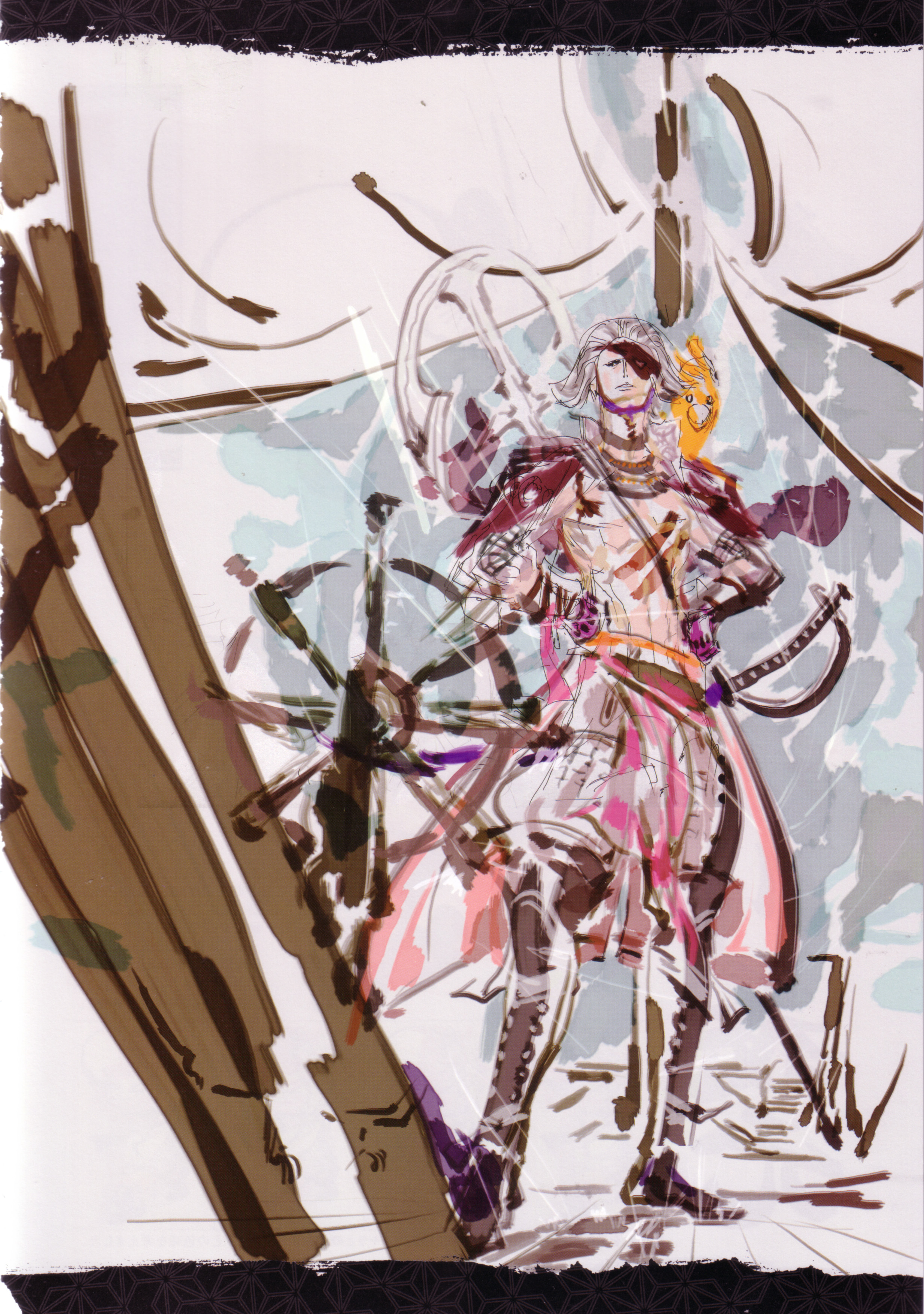 tsuchibayashi makoto, chosokabe motochika (sengoku basara), chousokabe motochika (sengoku basara), sengoku basara, absurdres, highres, 00s, 1boy, anchor, armor, male focus, polearm, samurai, solo, spear, weapon