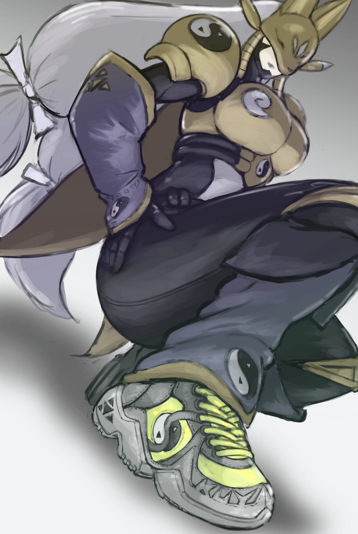 mas square, sakuyamon, digimon, highres, 1girl, alternate footwear, armor, black bodysuit, bodysuit, digimon (creature), fox mask, gold armor, grey background, grey hair, long hair, mask, purple lips, shoes, simple background, sneakers, solo, very long hair