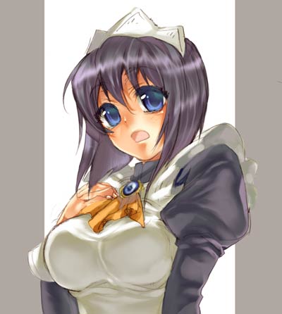 tenkuu sphere, siesta (zero no tsukaima), zero no tsukaima, lowres, 00s, 1girl, apron, black dress, blue eyes, blush, breasts, dress, female focus, hairband, hand on own chest, juliet sleeves, long sleeves, looking at viewer, maid, medium breasts, pillarboxed, puffy sleeves, purple hair, short hair, simple background, solo, tareme, upper body, white apron, white background, white hairband