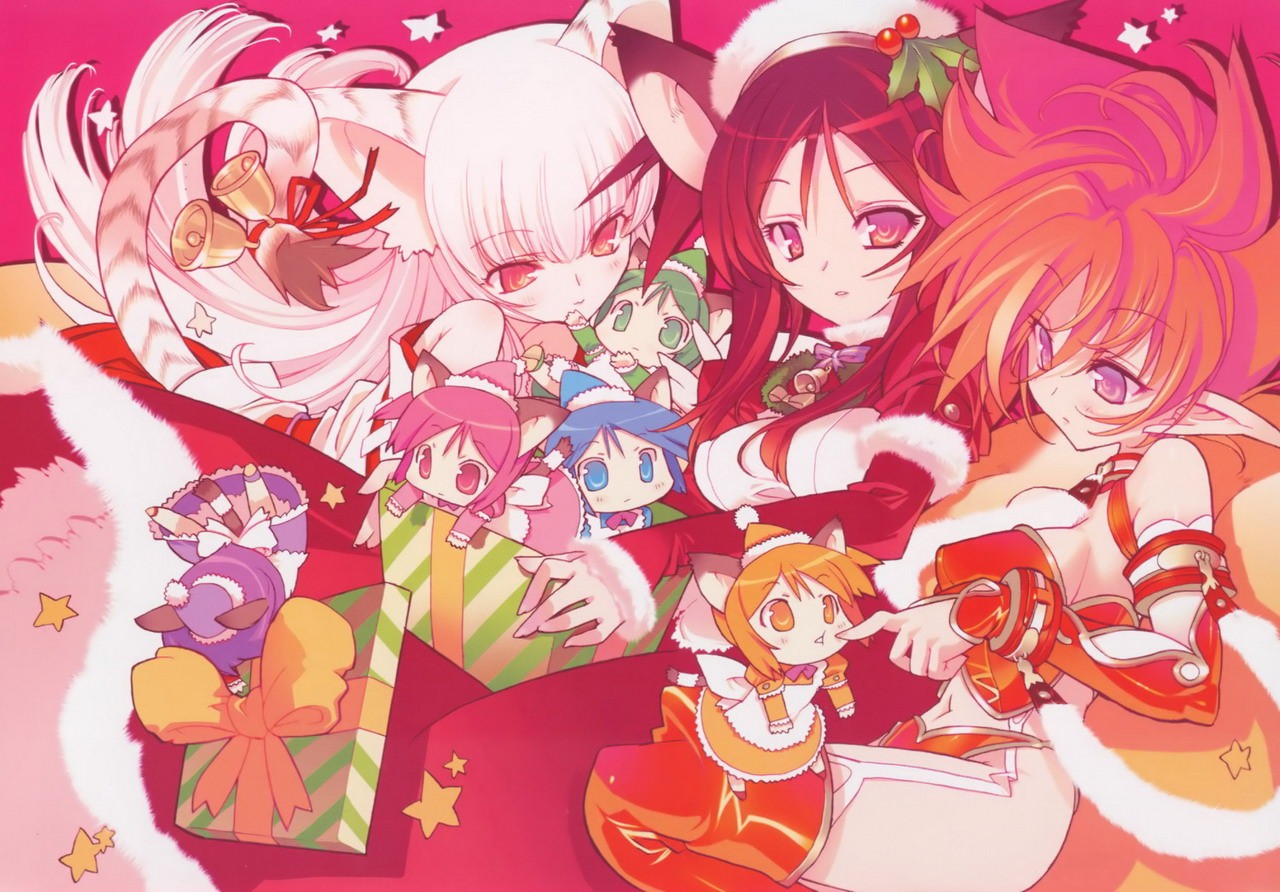 blade (galaxist), eneus, miyabi (macademi wasshoi), synclavia, magi-cu, magician's academy, fur, 00s, 6+girls, animal ears, bell, blue eyes, blue hair, blush, calendar, cat ears, cat tail, christmas, detached sleeves, dress, garter straps, gift, green eyes, green hair, hairband, hat, holding, holding gift, leaning forward, long hair, maid, mini person, minigirl, multiple girls, navel, orange eyes, orange hair, pink eyes, pink hair, pointing, pointy ears, purple hair, red hair, short hair, smile, star (symbol), tail, tail bell, tail ornament, thighhighs, tripping, very long hair, white hair