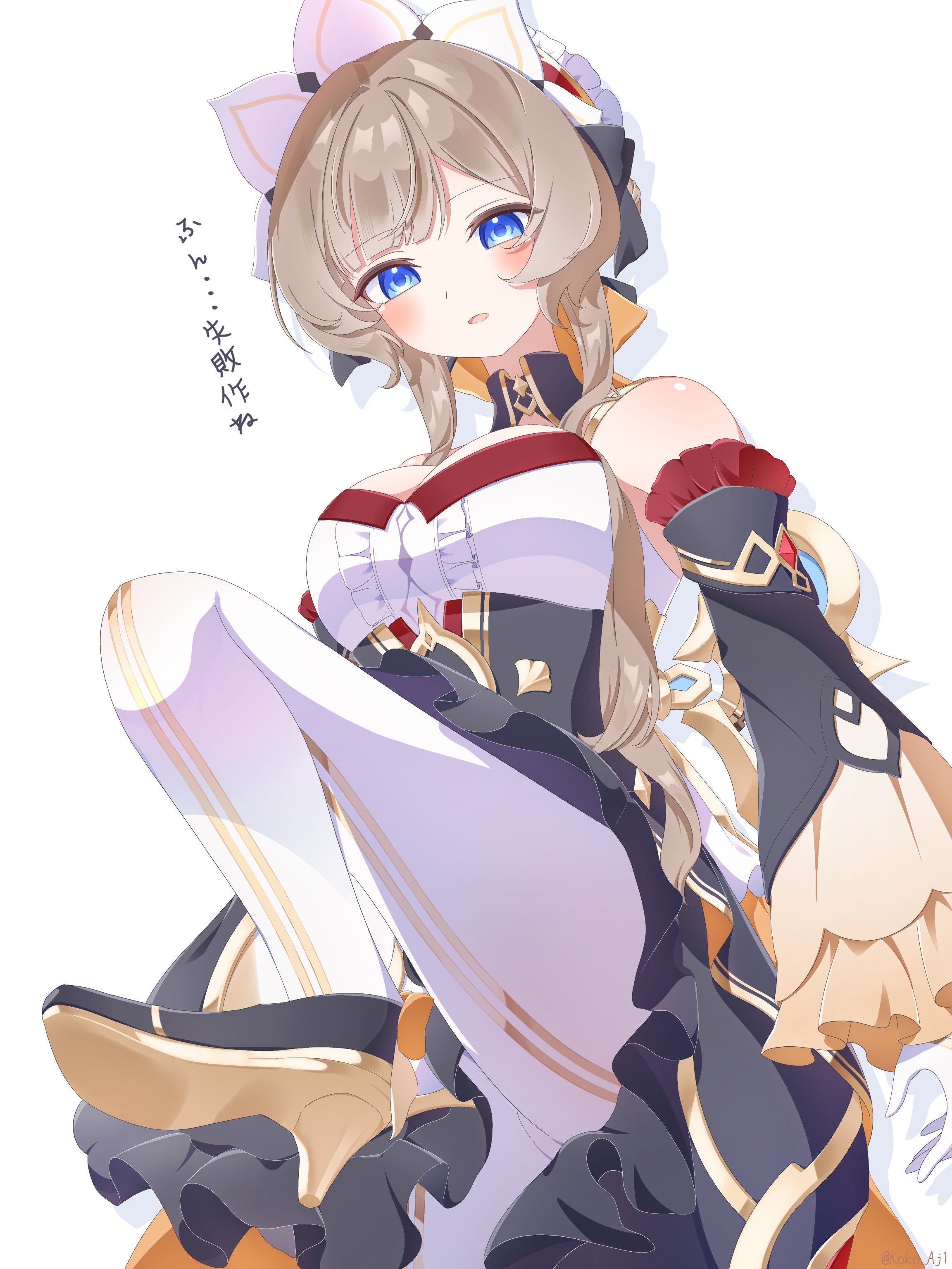 kokoaji (koko aj1), sandrone (genshin impact), genshin impact, absurdres, highres, translation request, 1girl, bare shoulders, black dress, black shoes, black sleeves, blue eyes, breasts, brown hair, cleavage, detached sleeves, dress, headdress, high heels, medium breasts, pantyhose, shoes, sidelocks, simple background, solo, white background, white headdress, white pantyhose