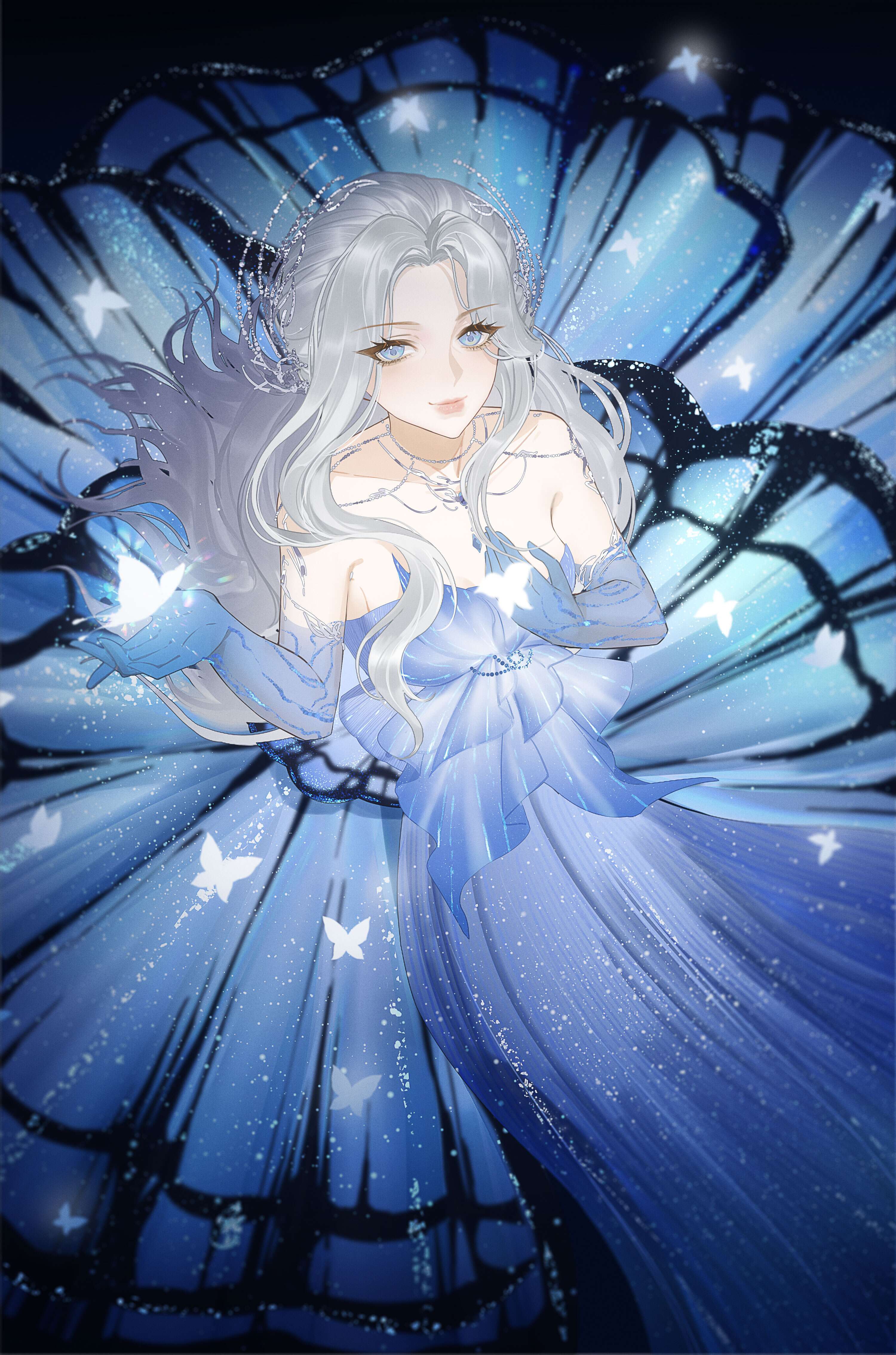 flutter storm (infinity nikki), infinity nikki, nikki (series), absurdres, highres, 1girl, animal print, bare shoulders, black background, blue dress, blue eyes, blue gloves, bug, butterfly, butterfly on hand, butterfly print, circle skirt, closed mouth, dress, elbow gloves, eyelashes, eyes visible through hair, feet out of frame, gloves, gown, grey hair, hair ornament, happy, insect, light particles, lipstick, long dress, long hair, long sidelocks, makeup, neck, pink lips, sidelocks, smile, solo, standing, strapless, strapless dress, very long hair, white butterfly, xinjinjumin388925569805