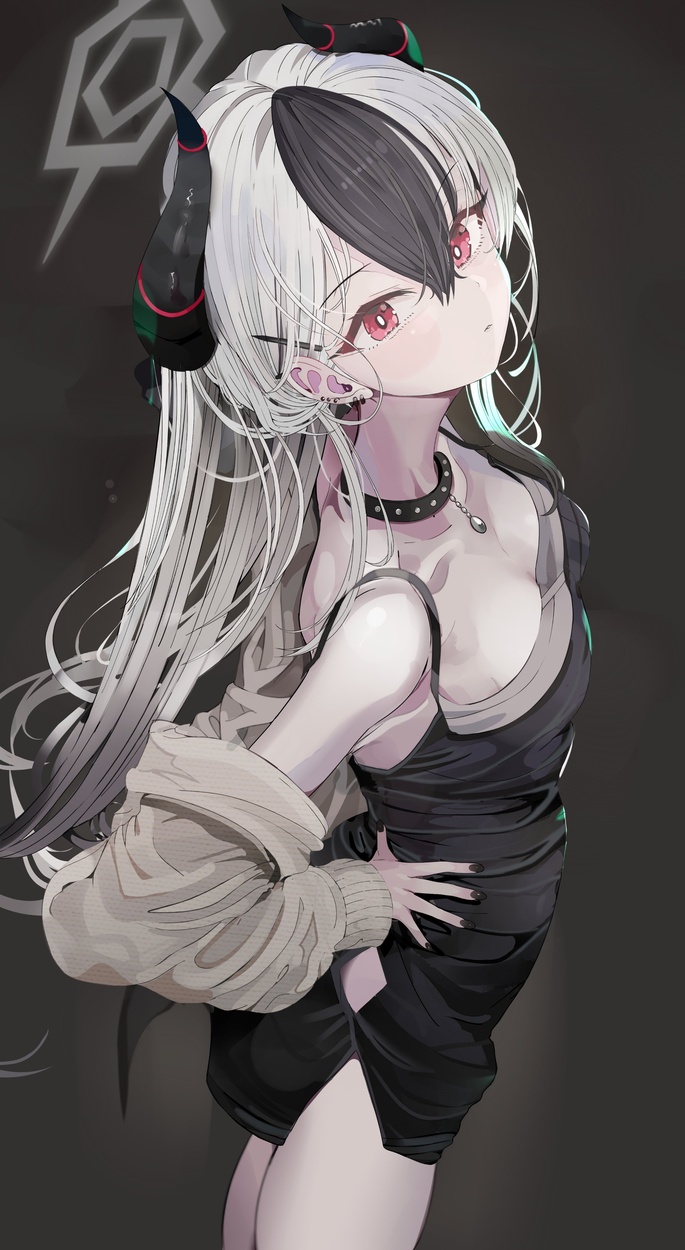 pjkka, kayoko (blue archive), kayoko (dress) (blue archive), blue archive, absurdres, highres, 1girl, black dress, black hair, black horns, breasts, brown cardigan, cardigan, demon horns, dress, grey halo, hair between eyes, halo, horns, looking at viewer, multicolored hair, official alternate costume, official alternate hairstyle, red eyes, small breasts, solo, thighs, two-tone hair, white hair